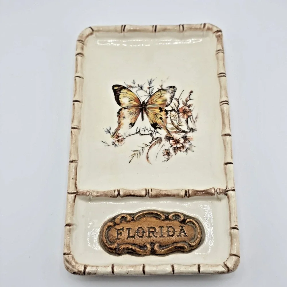 Vintage Florida Treasure Craft Butterfly Dish Tray Travel Art Pottery Ceramic